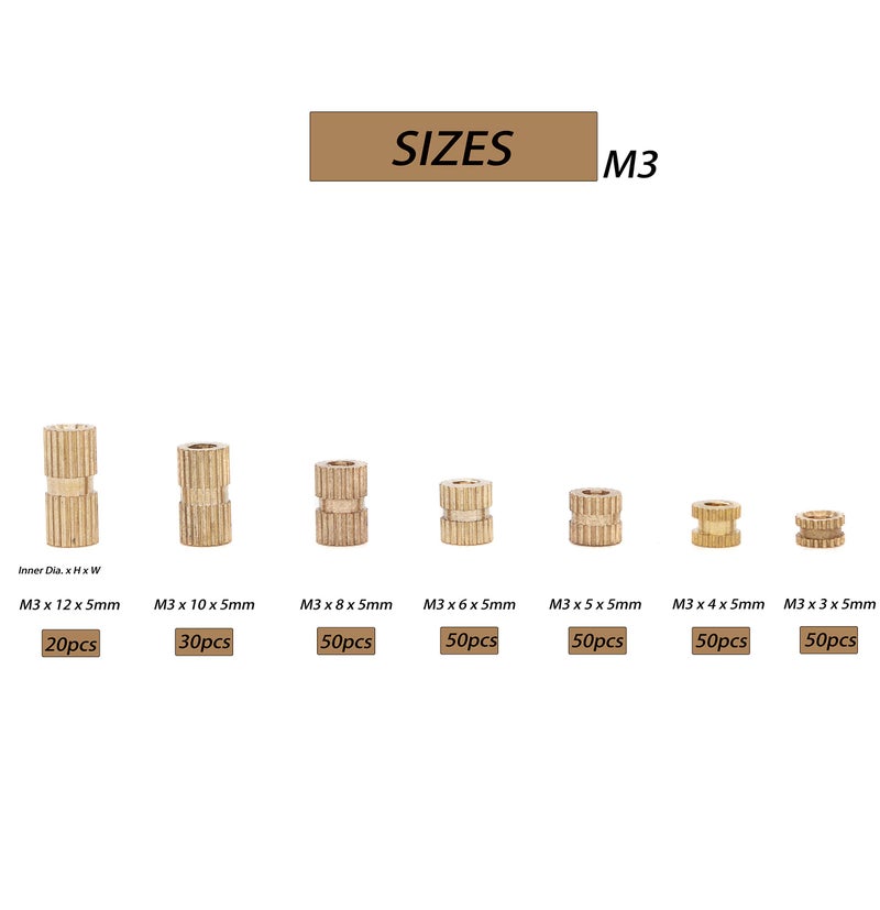 binifiMux 300pcs M3 Knurled Threaded Inserts, Brass Female Press in Embedment Heat Set Nuts Assortment Kit for Laptop 3D Printer Plastic - Image 2
